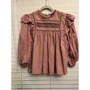 LIV Los Angeles Boho Rose Pink Babydoll Blouse Embroidered Crochet Sleeves Sz M
